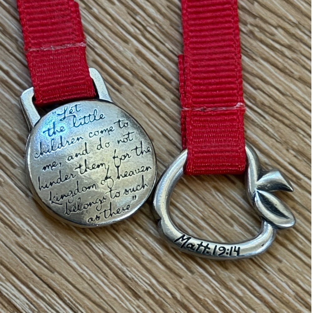 BSD Pewter Red Ribbon Bookmark Matthew 19:14 Bible Verse Apple Charm Religious